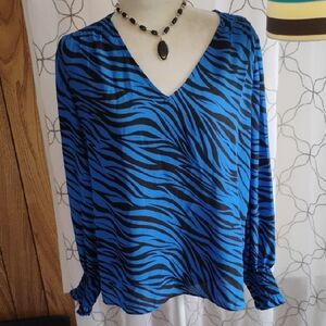 White House Black Market Blue and Black Zebra-Print V-Neck Blouse